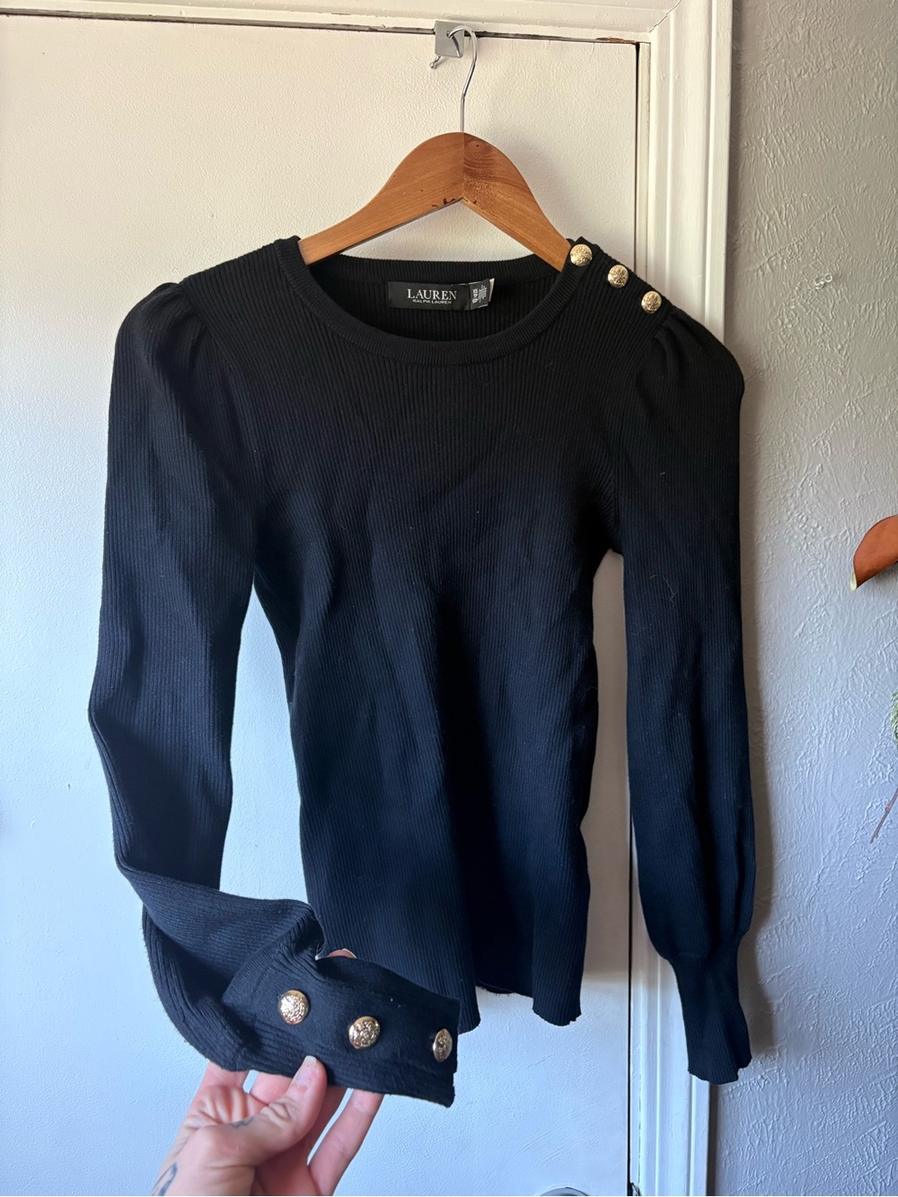 Ralph Lauren Black Ribbed Puff-Sleeve Sweater with Gold Buttons